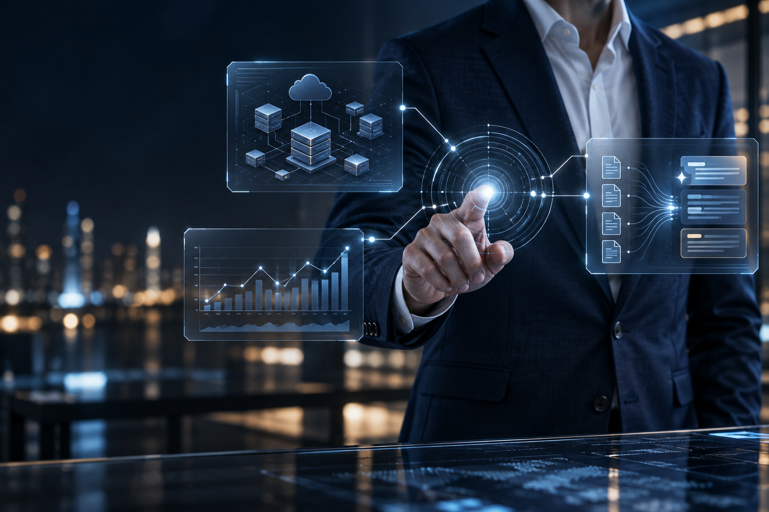 IT and AI connecting systems, data analysis and knowledge